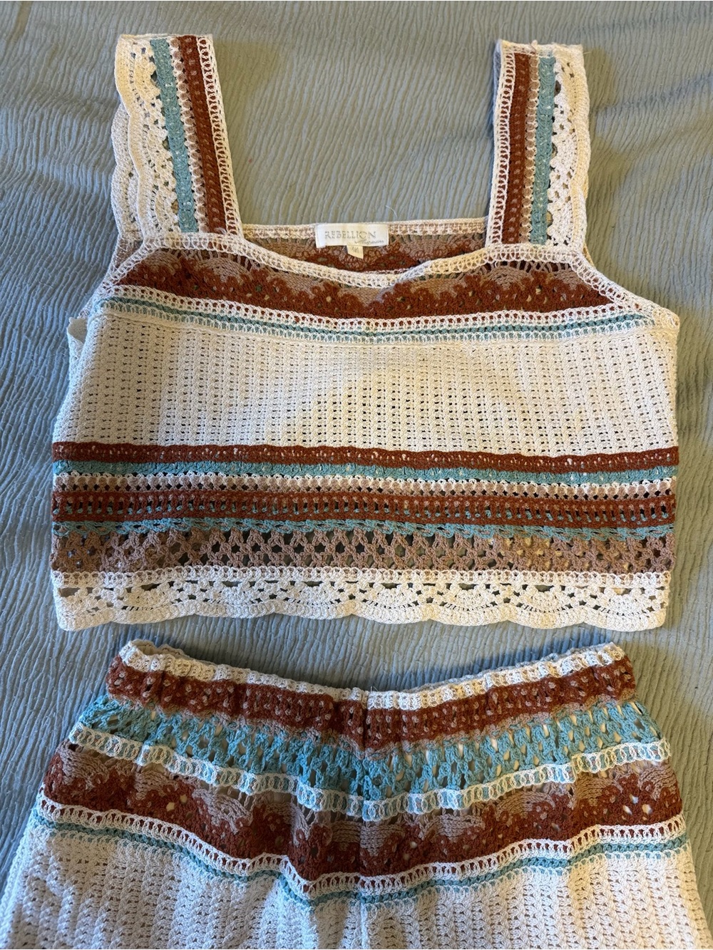 Rebellion Crochet Two-Piece Set in White, Brown & Teal - Picture 3 of 3